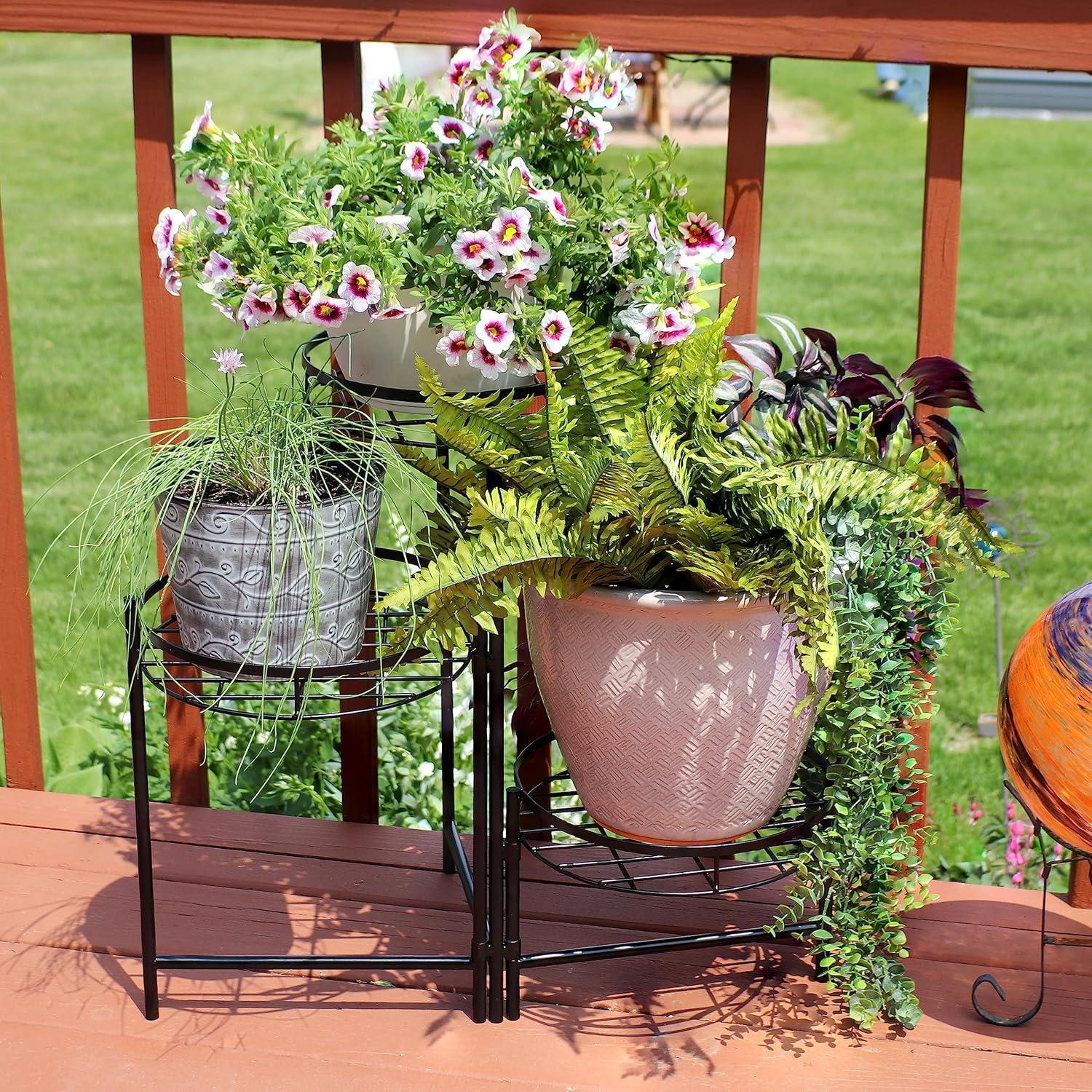 imageSunnydaze 22quot 3Tiered Metal Plant Stand for Indoor or Outdoor Flowerpot Holder Set of 2 Black