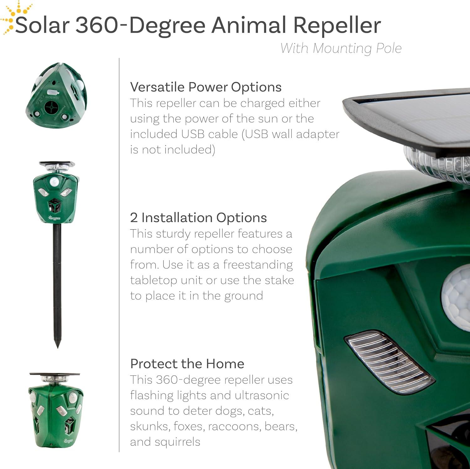 imageSunnydaze 360 SolarPowered Ultrasonic Animal Repeller with Mounting Pole Solar Power or USB 3 PIR Motion Sensors 195 Green XPT0631