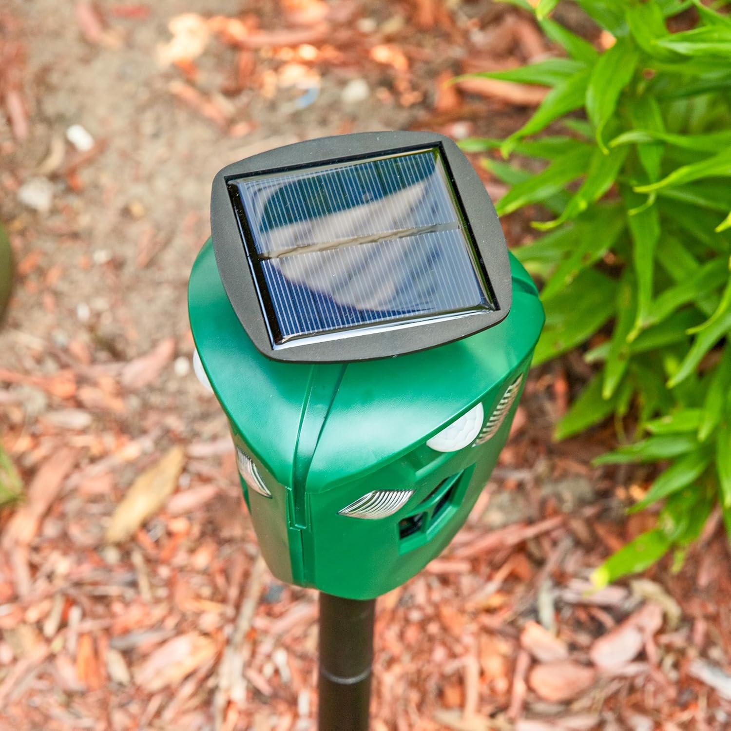 imageSunnydaze 360 SolarPowered Ultrasonic Animal Repeller with Mounting Pole Solar Power or USB 3 PIR Motion Sensors 195 Green XPT0631