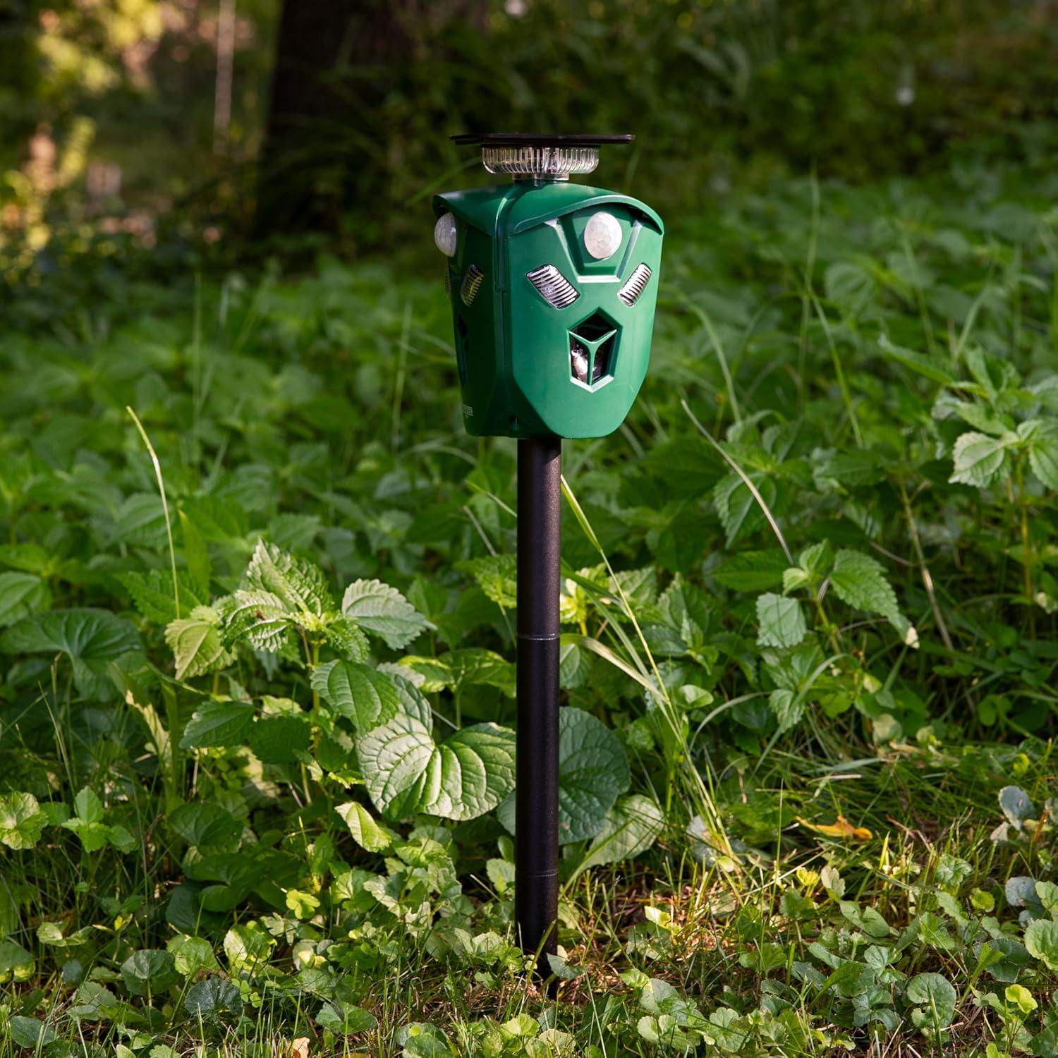 imageSunnydaze 360 SolarPowered Ultrasonic Animal Repeller with Mounting Pole Solar Power or USB 3 PIR Motion Sensors 195 Green XPT0631