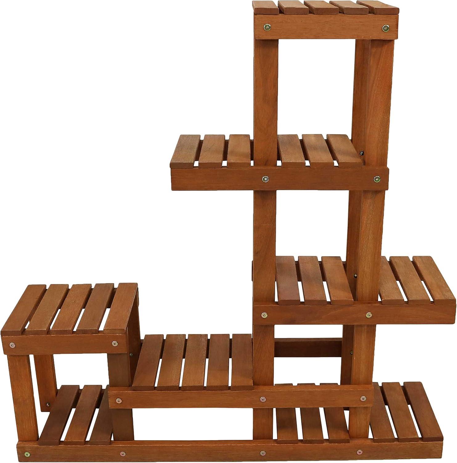 imageSunnydaze 36Inch Meranti Wood IndoorOutdoor MultiTiered Plant Stand with Teak Oil Finish
