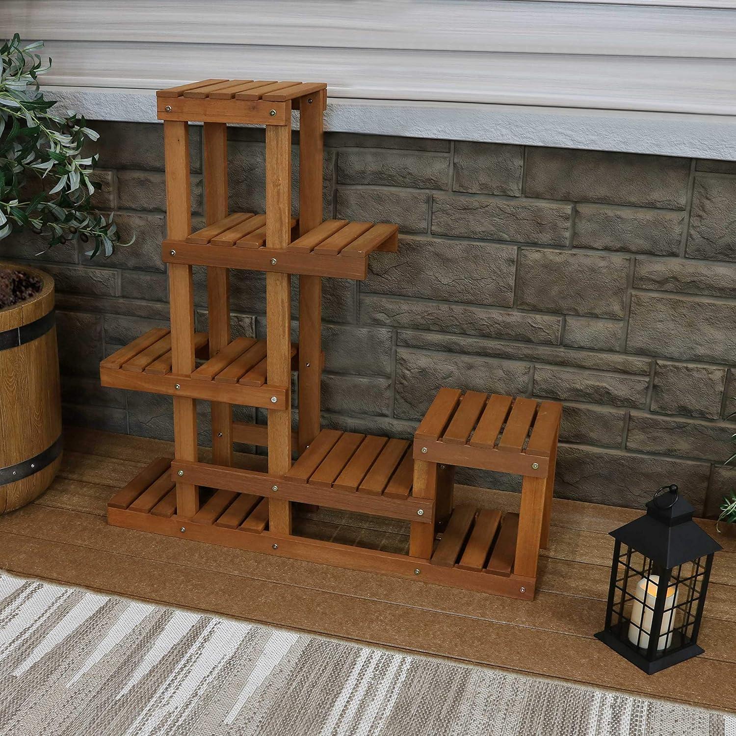 imageSunnydaze 36Inch Meranti Wood IndoorOutdoor MultiTiered Plant Stand with Teak Oil Finish