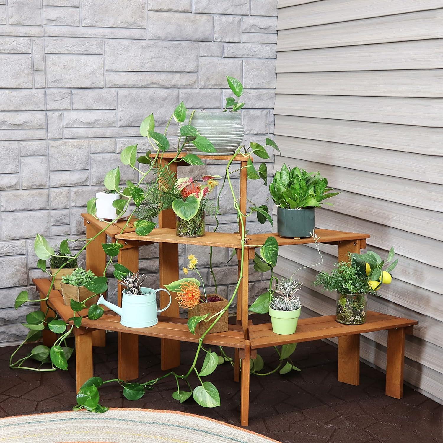imageSunnydaze 3Tier Meranti Wood Outdoor Plant Stand with Teak Oil Finish 575 Feet Wide Indoor and Outdoor Use