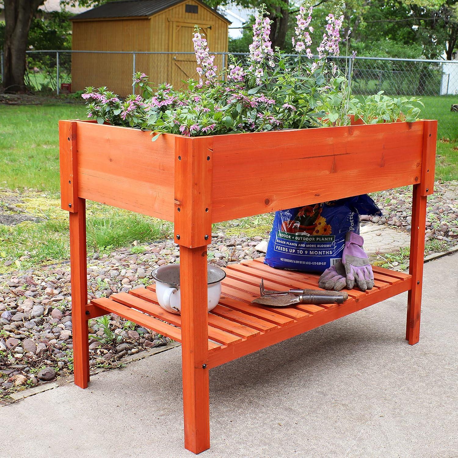 imageSunnydaze 42Inch Wooden Outdoor Raised Garden Bed with Lower Shelf for Flowers Herbs and Vegetables Stained FinishStained Finish