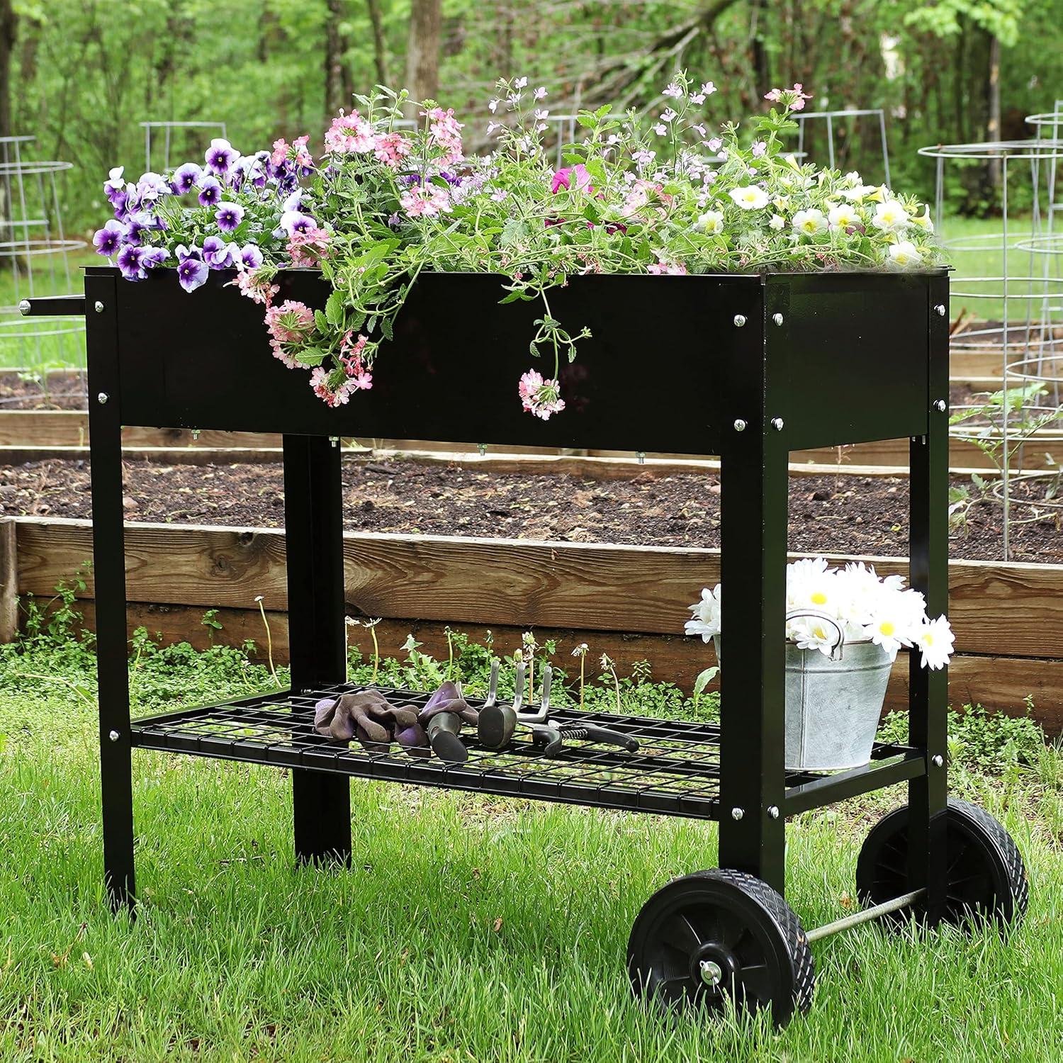 imageSunnydaze 43Inch Galvanized Steel Raised Garden Bed with Legs Outdoor Elevated Planter Box with Wheels for Vegetables BlackBlack