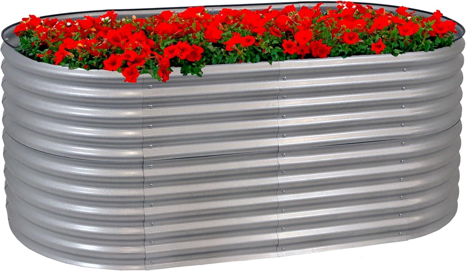 imageSunnydaze 79Inch Oval Raised Garden Bed Stackable Steel Vegetable Flower Bed Planter Kit with Rubber Edge Trim BrownSilver