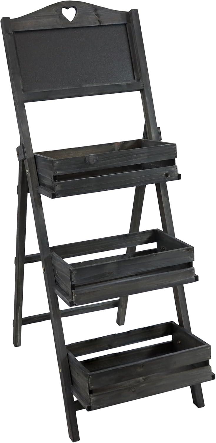 imageSunnydaze Country Heart 3Tier Wooden Plant Stand with Chalkboard Wood Ladder Shelf for Plants For Indoor or Outdoor Use 41quot H BlackBlack