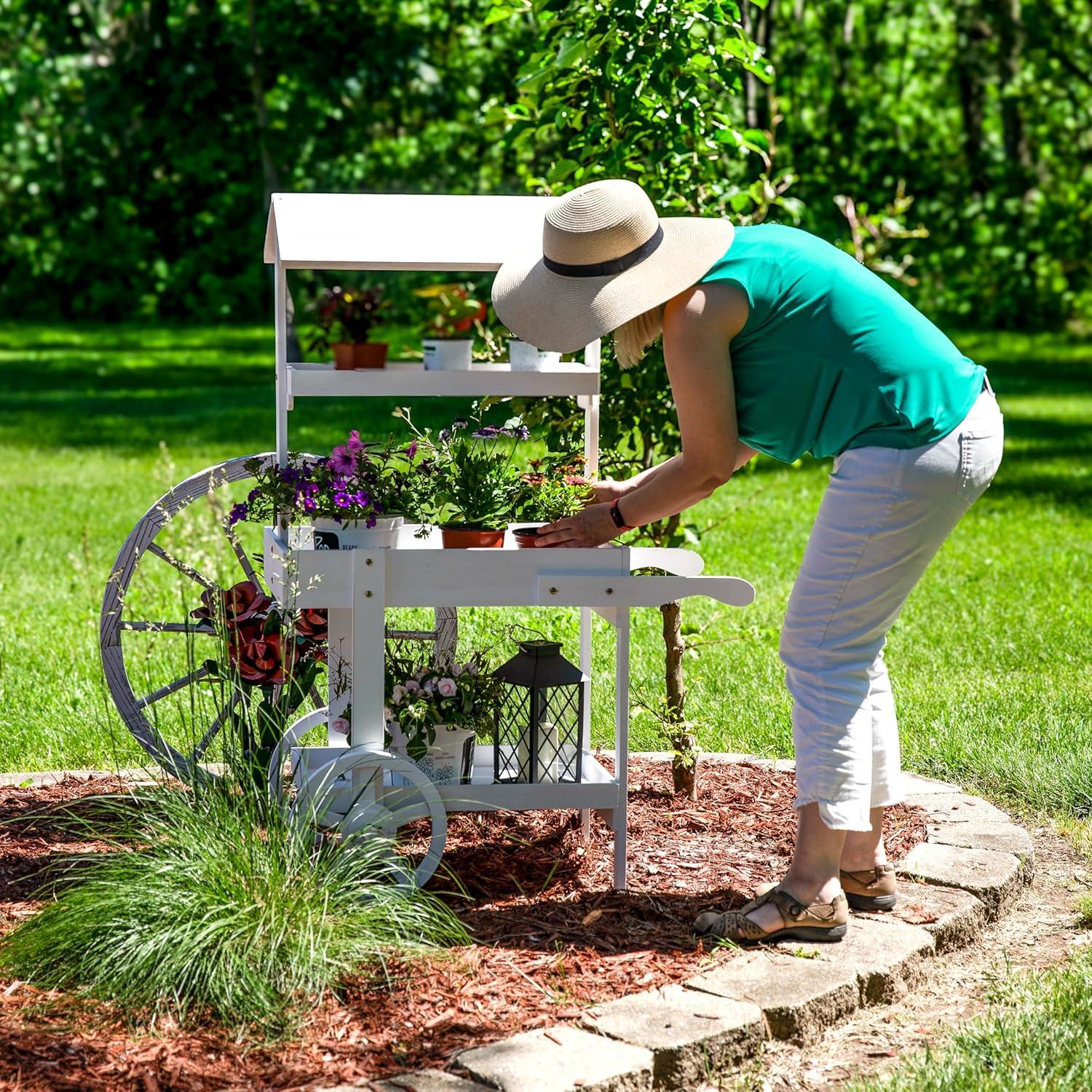 imageSunnydaze Flower Cart Display Stand with Wheels Dessert Candy Cart Market Flower Display Stand 2 Shelves Fir Wood WhiteWhite