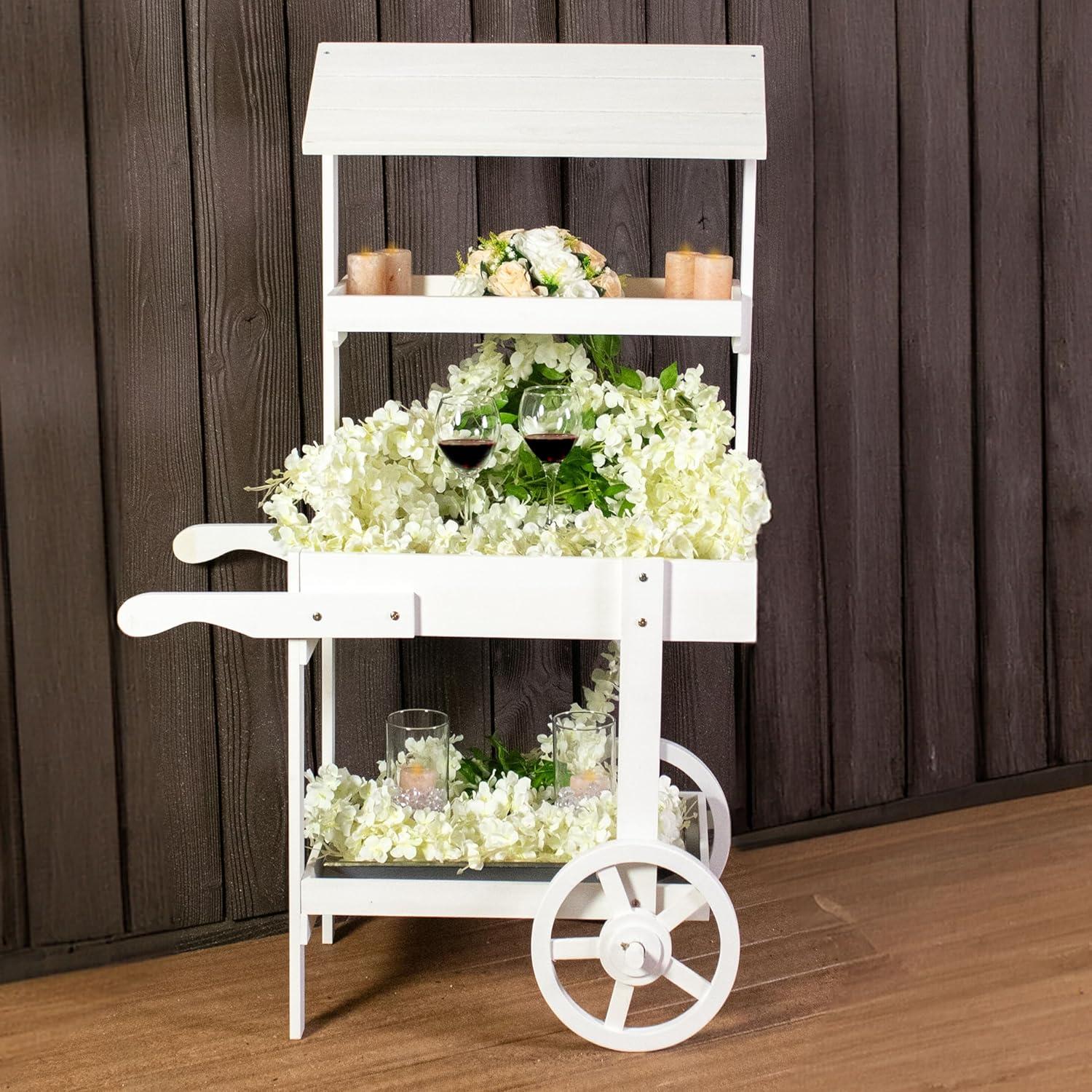 imageSunnydaze Flower Cart Display Stand with Wheels Dessert Candy Cart Market Flower Display Stand 2 Shelves Fir Wood WhiteWhite