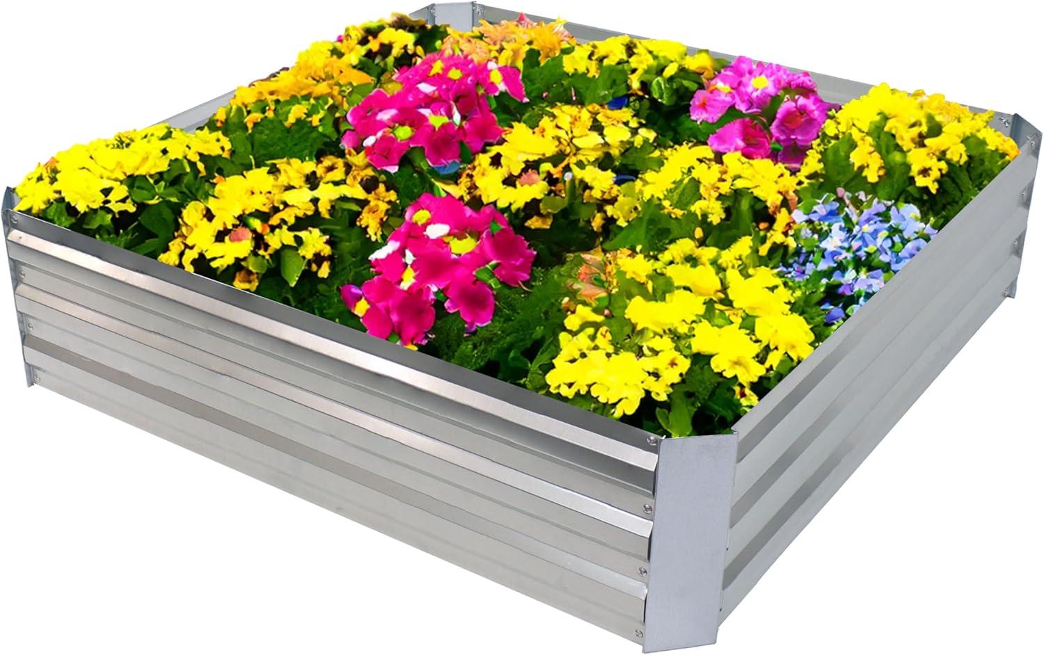 imageSunnydaze Galvanized Raised Garden Bed Metal Raised Bed for Gardening Outdoor Planter Box for Flowers Plants and Vegetables Silver 12 H Square