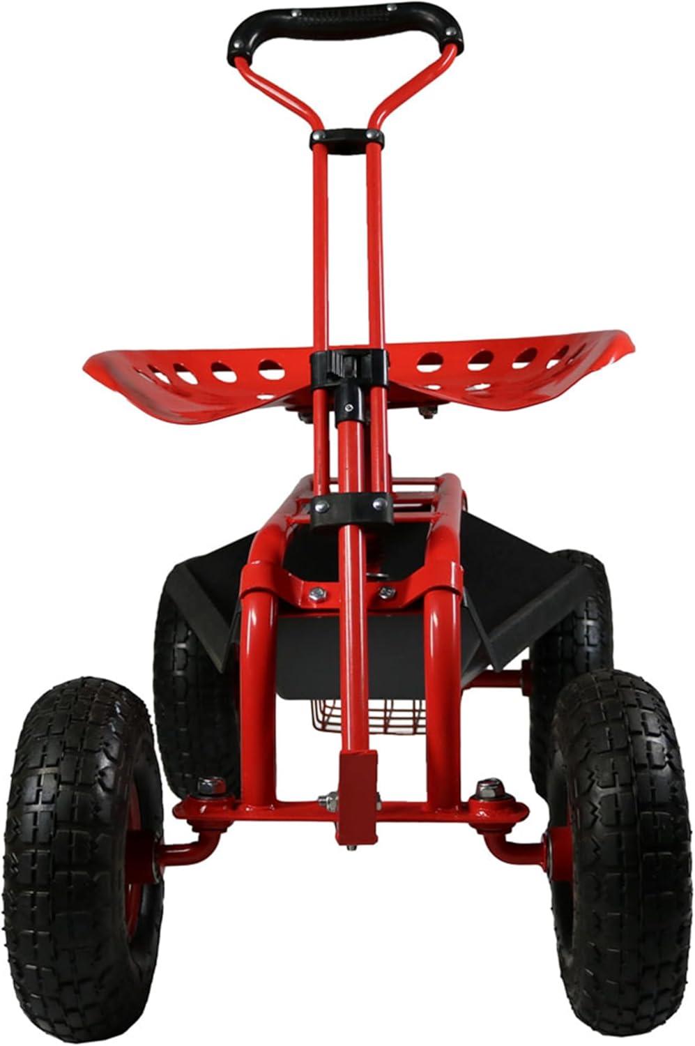 imageSunnydaze Garden Seat with Wheels Rolling Gardening Seat Garden Stool on Wheels with Adjustable Handle and Utility Tray Red