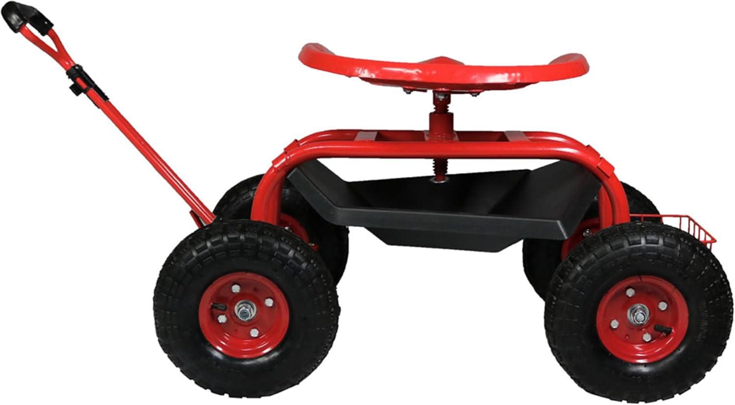 imageSunnydaze Garden Seat with Wheels Rolling Gardening Seat Garden Stool on Wheels with Adjustable Handle and Utility Tray Red
