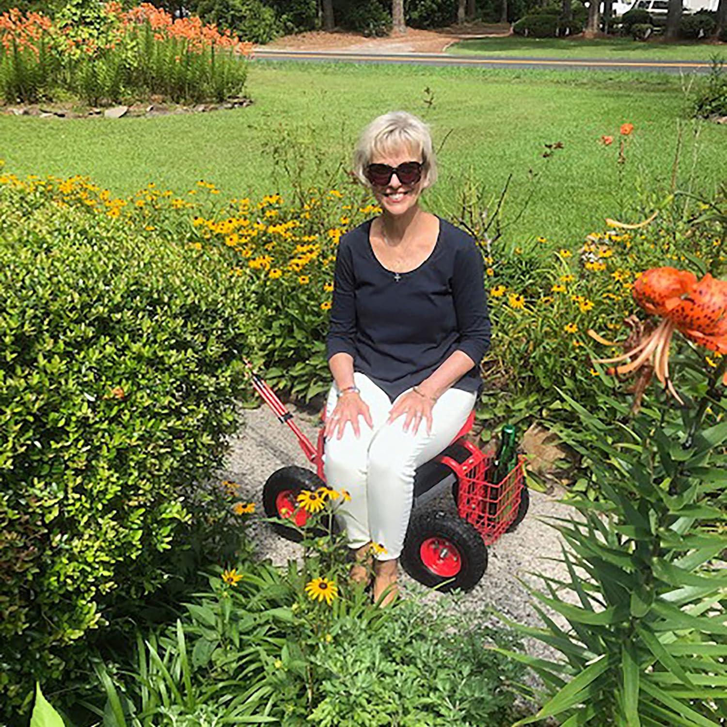 imageSunnydaze Garden Seat with Wheels Rolling Gardening Seat Garden Stool on Wheels with Adjustable Handle and Utility Tray Red