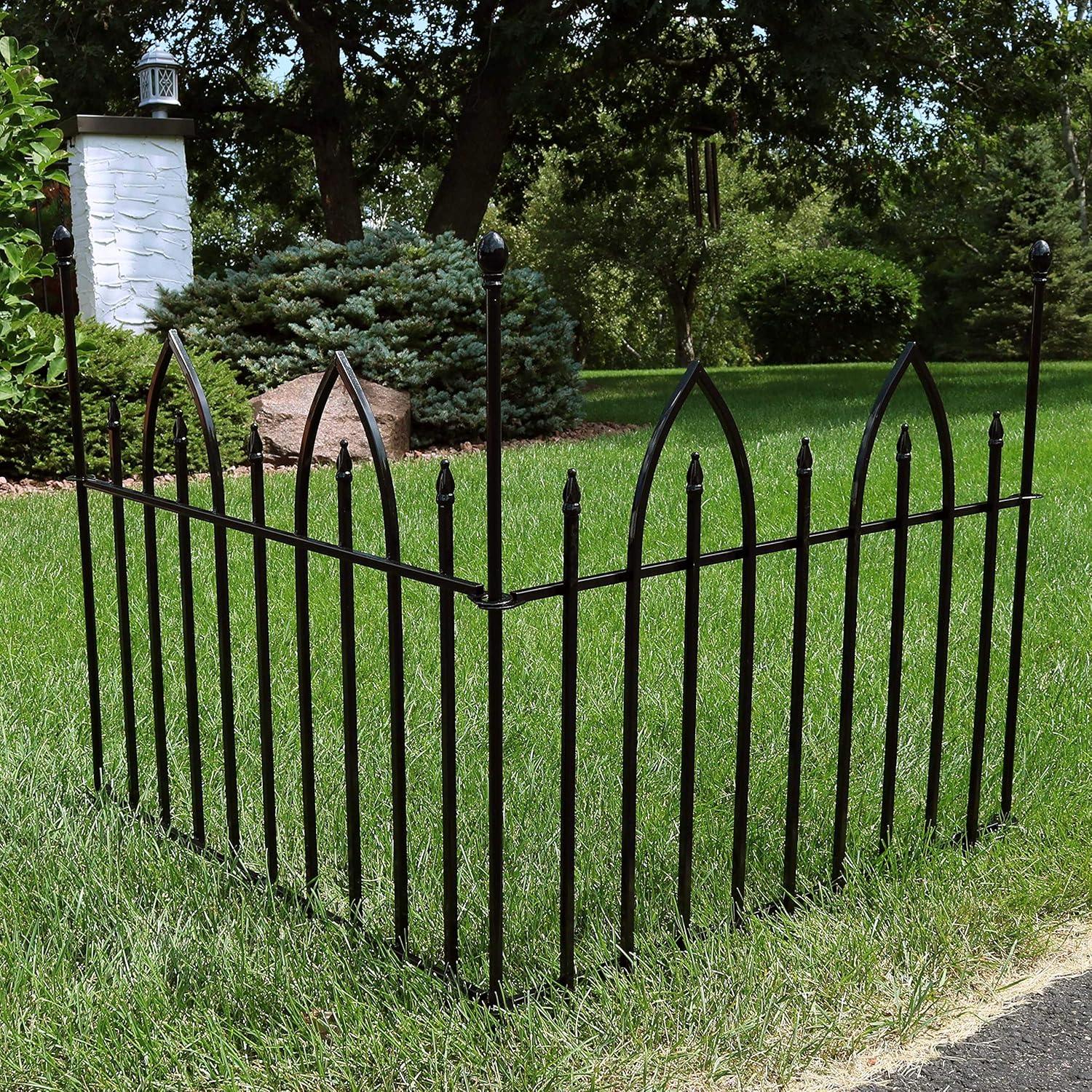 imageSunnydaze Gothic Arch 6 Set of 2 Decorative Garden Fence Panels Iron Border Fence 37quot W x 31quot H Per Panel Black