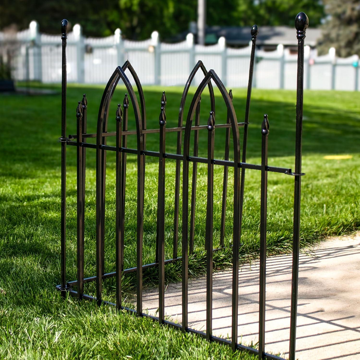 imageSunnydaze Gothic Arch 6 Set of 2 Decorative Garden Fence Panels Iron Border Fence 37quot W x 31quot H Per Panel Black