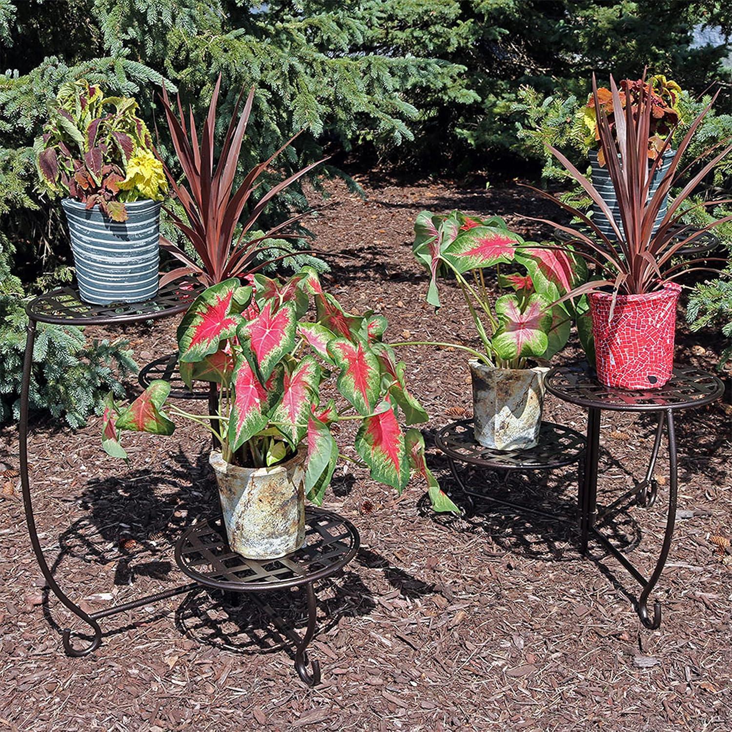 imageSunnydaze Indoor or Outdoor Plant Stand for Potted Plants 3Tier Checkered Design Set of 2 Bronze