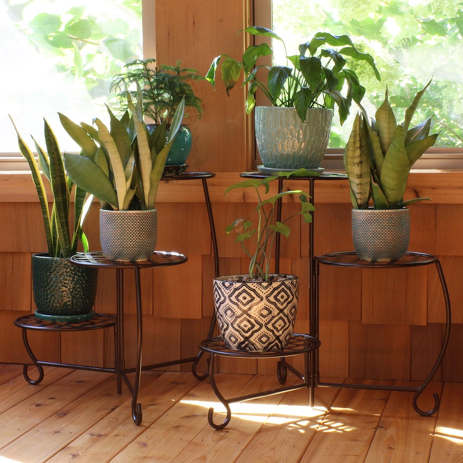 imageSunnydaze Indoor or Outdoor Plant Stand for Potted Plants 3Tier Checkered Design Set of 2 Bronze