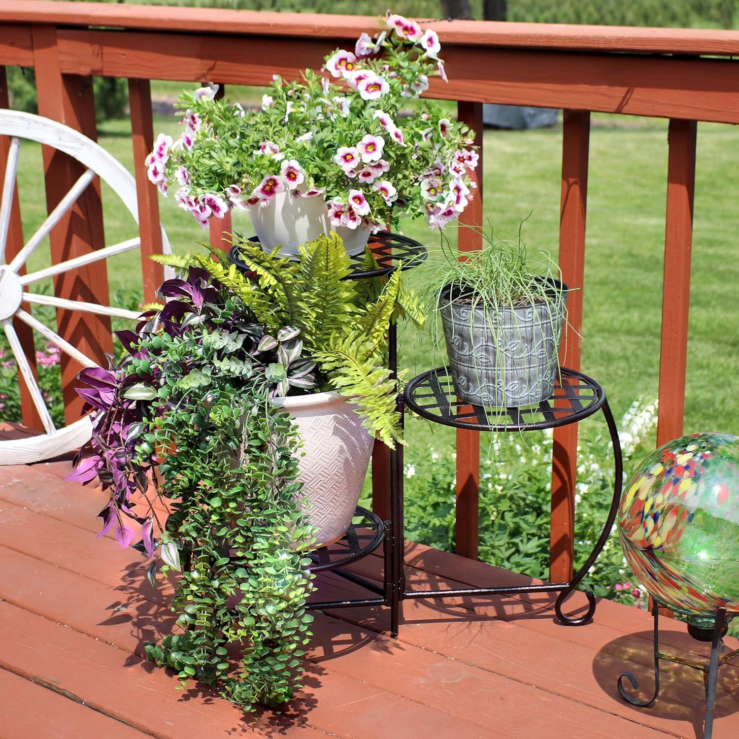 imageSunnydaze Indoor or Outdoor Plant Stand for Potted Plants 3Tier Checkered Design Set of 2 Bronze