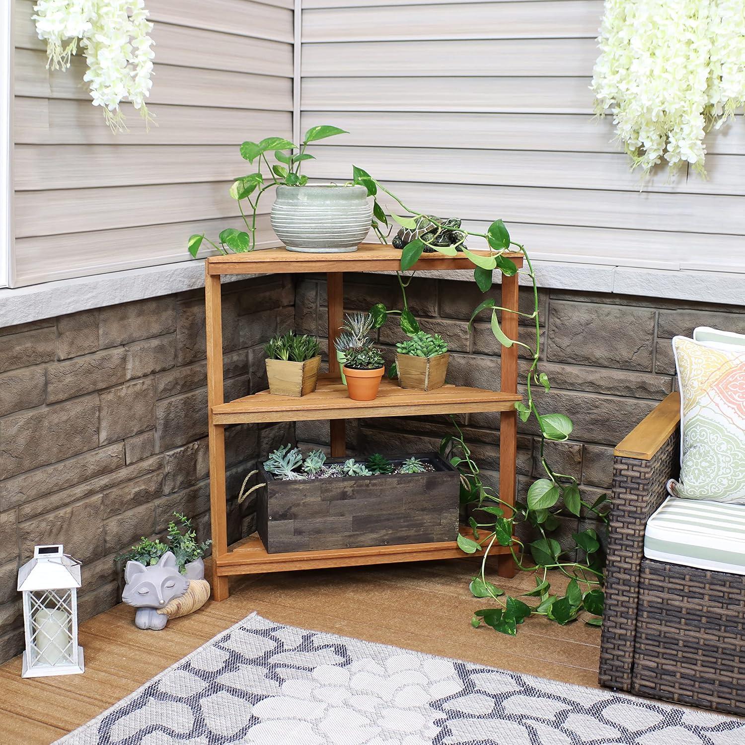 imageSunnydaze Meranti Wood 3Tier Corner Plant Stand Shelves with Teak Oil Finish IndoorOutdoor Wooden Planter Furniture Potted Plant Holder Table for Patio and Home 36Inch