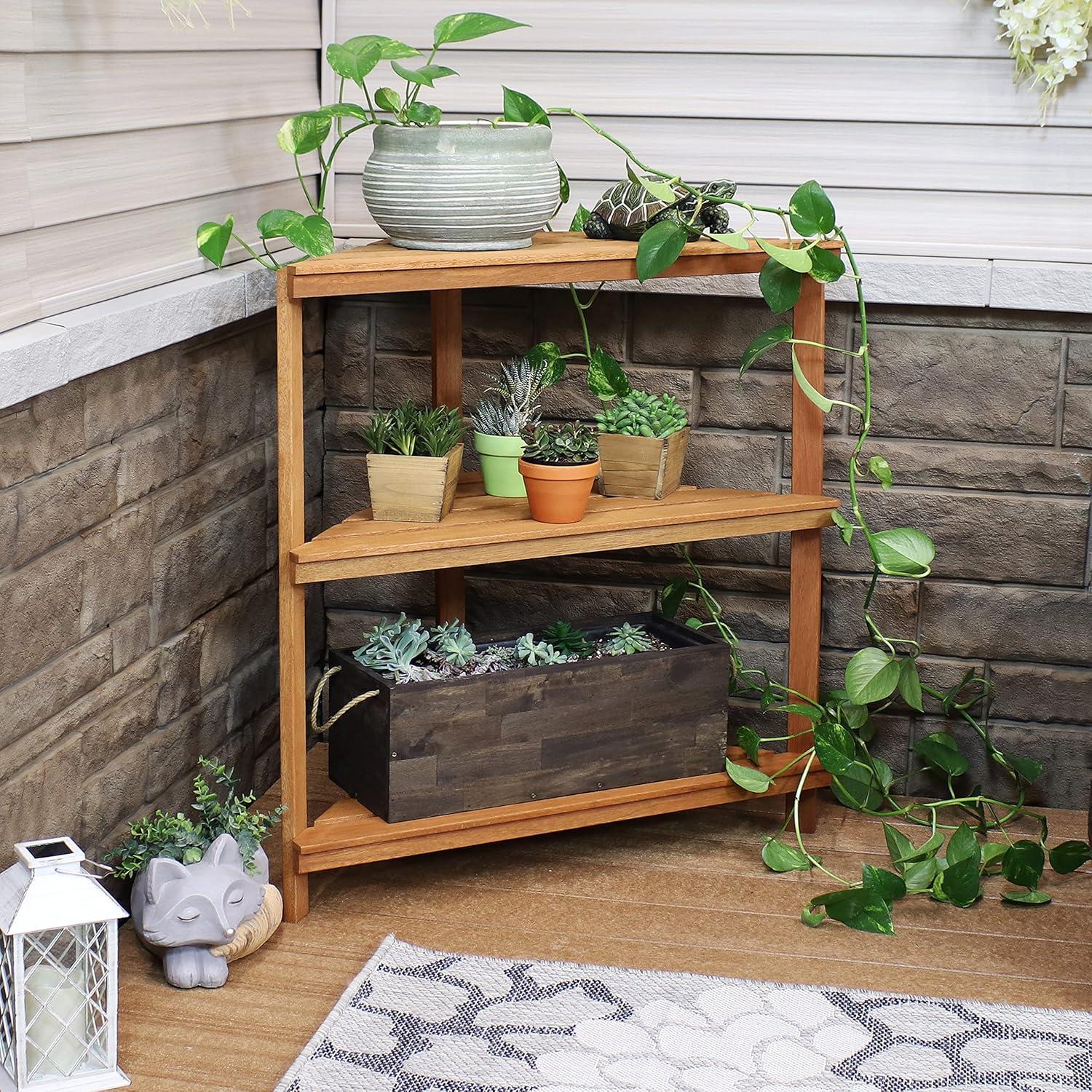 imageSunnydaze Meranti Wood 3Tier Corner Plant Stand Shelves with Teak Oil Finish IndoorOutdoor Wooden Planter Furniture Potted Plant Holder Table for Patio and Home 36Inch
