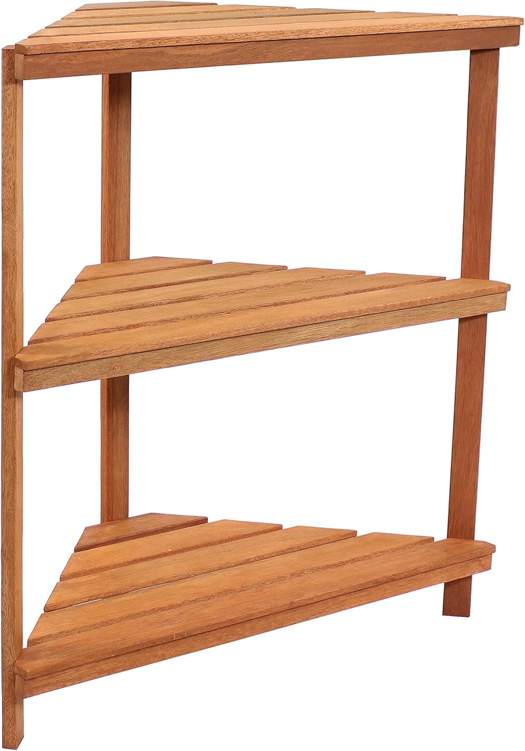 imageSunnydaze Meranti Wood 3Tier Corner Plant Stand Shelves with Teak Oil Finish IndoorOutdoor Wooden Planter Furniture Potted Plant Holder Table for Patio and Home 36Inch