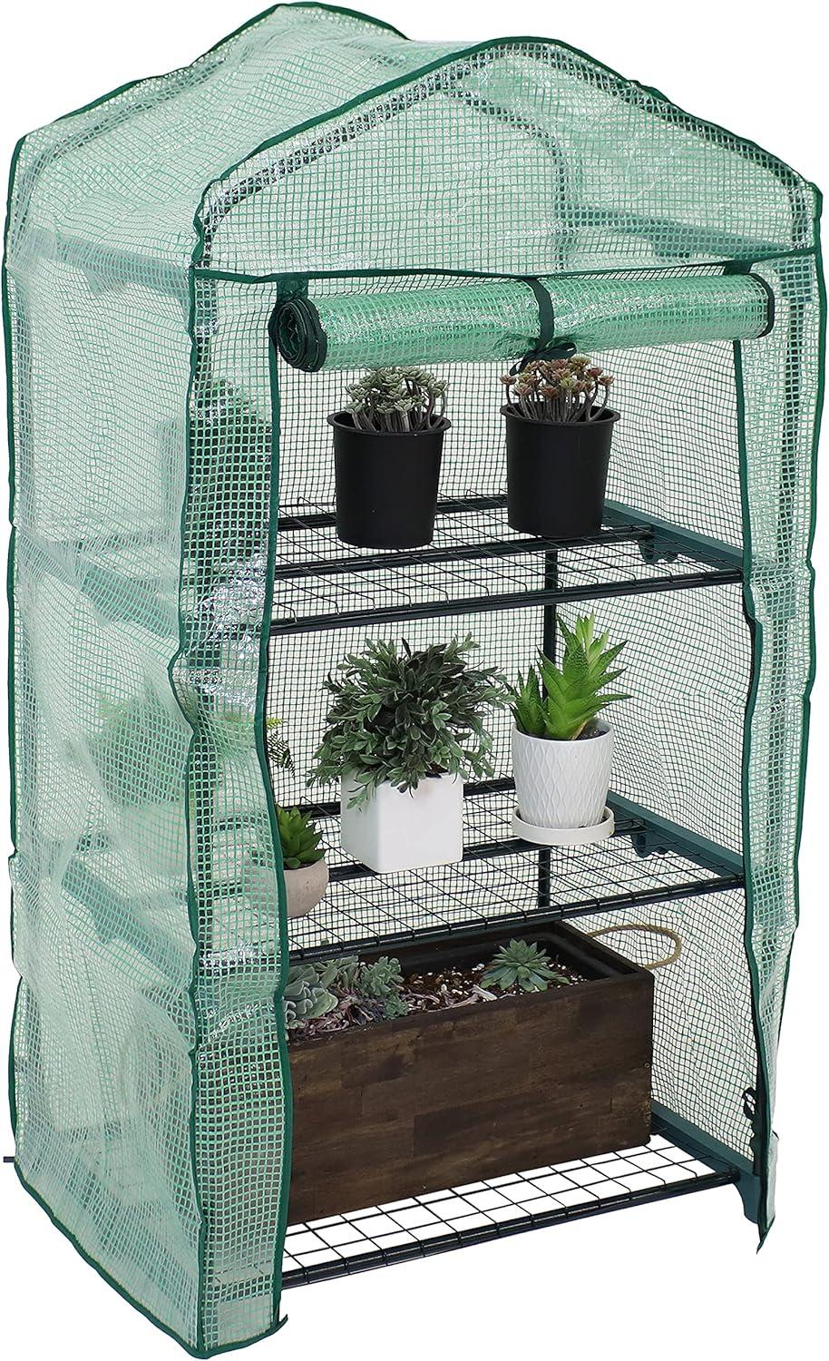 imageSunnydaze Outdoor Portable 3Tier Mini Greenhouse with Rollup Zippered Door and Steel Wire Shelves Green