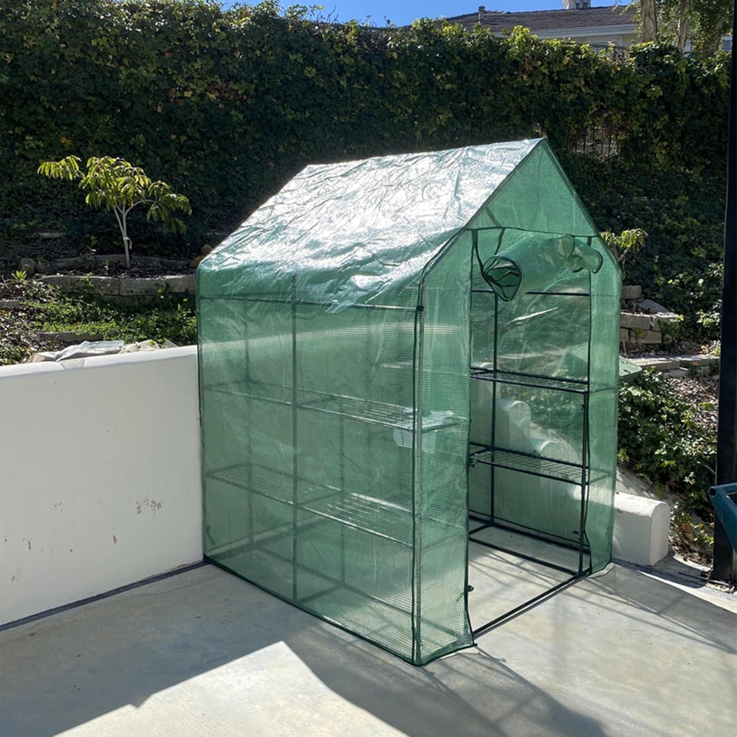 imageSunnydaze Portable Outdoor Grandeur Walkin Greenhouse with 4 Steel Wire Shelves and RollUp Door Green