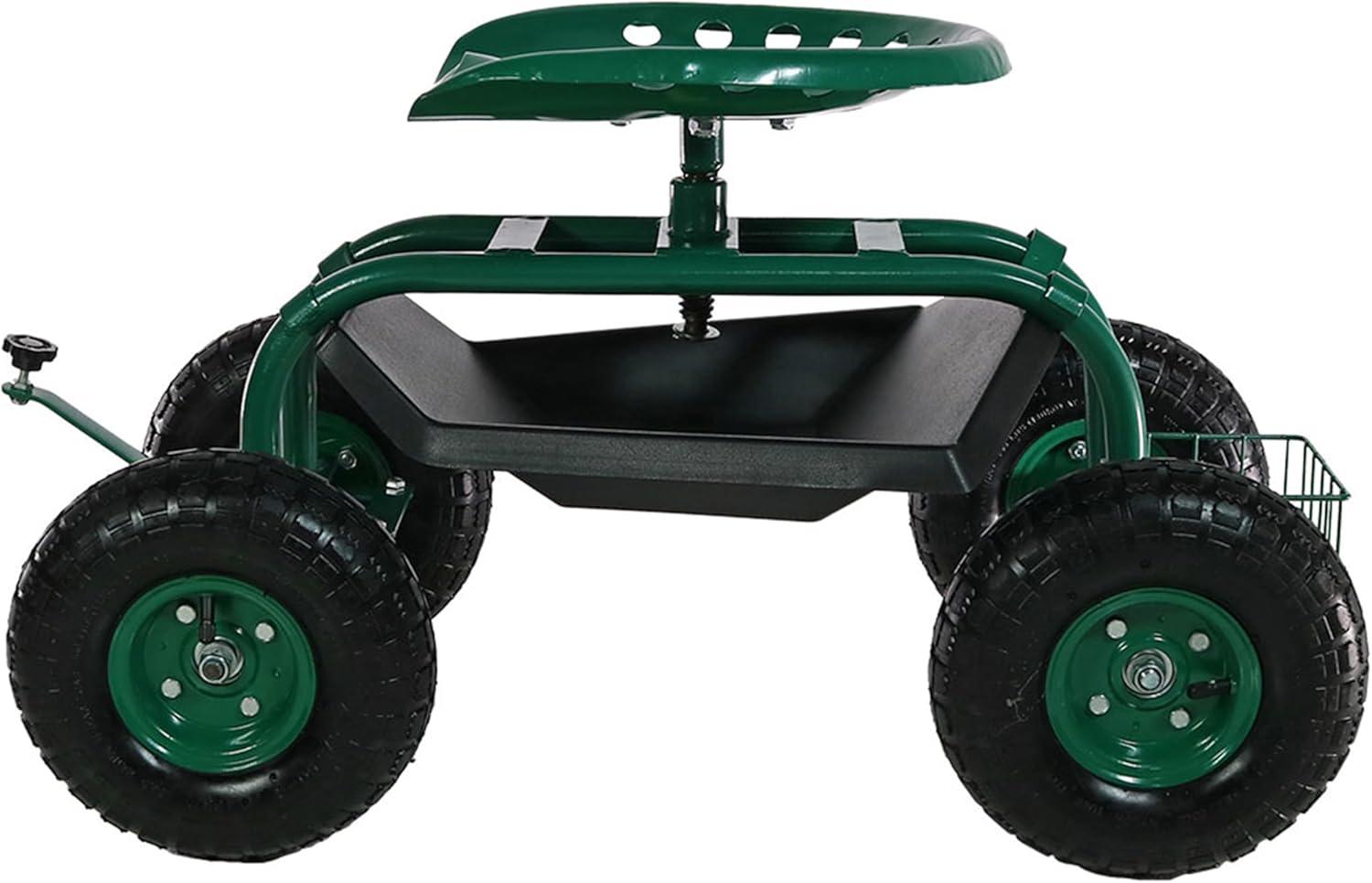 imageSunnydaze Rolling Garden Cart with Seat Garden Stool with Wheels and Adjustable 360Degree Swivel Seat Utility Tool Tray and Storage Basket Green