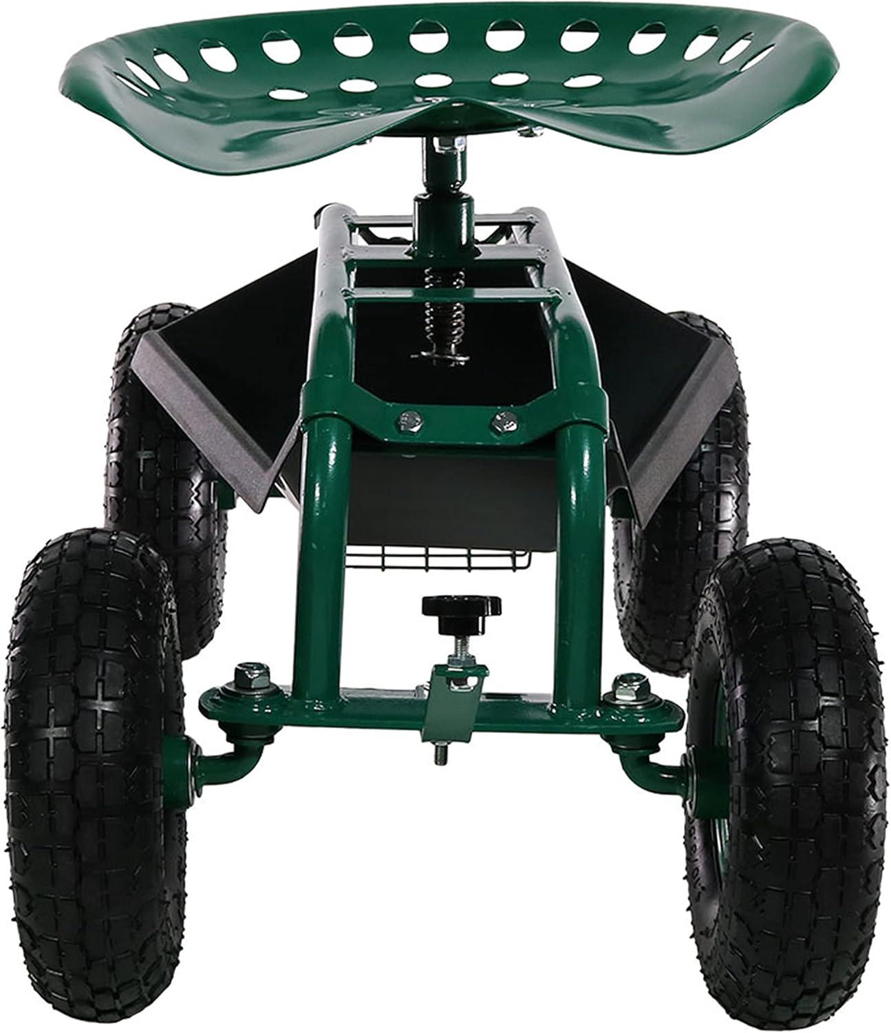 imageSunnydaze Rolling Garden Cart with Seat Garden Stool with Wheels and Adjustable 360Degree Swivel Seat Utility Tool Tray and Storage Basket Green
