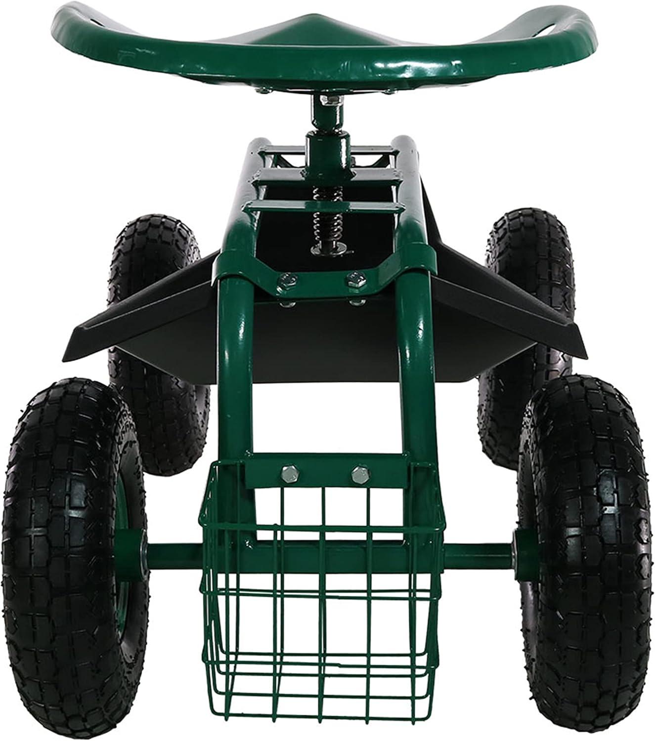 imageSunnydaze Rolling Garden Cart with Seat Garden Stool with Wheels and Adjustable 360Degree Swivel Seat Utility Tool Tray and Storage Basket Green