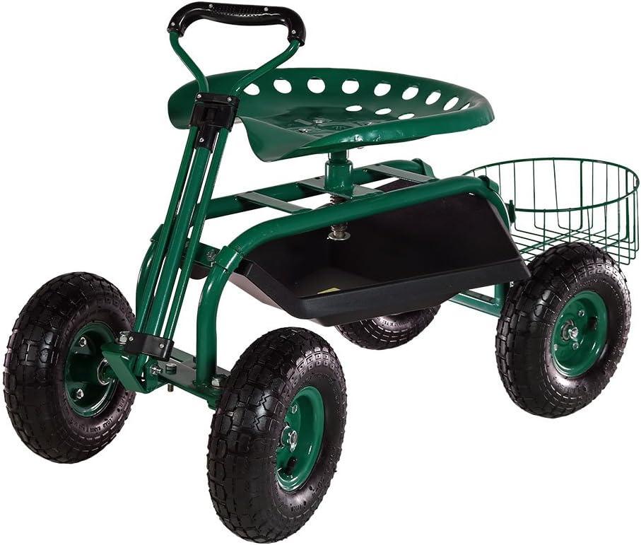 imageSunnydaze Rolling Garden Cart with Swivel Seat and Storage Rolling Garden Seat with Wheels Gardening Stool with Wheels RedGreen