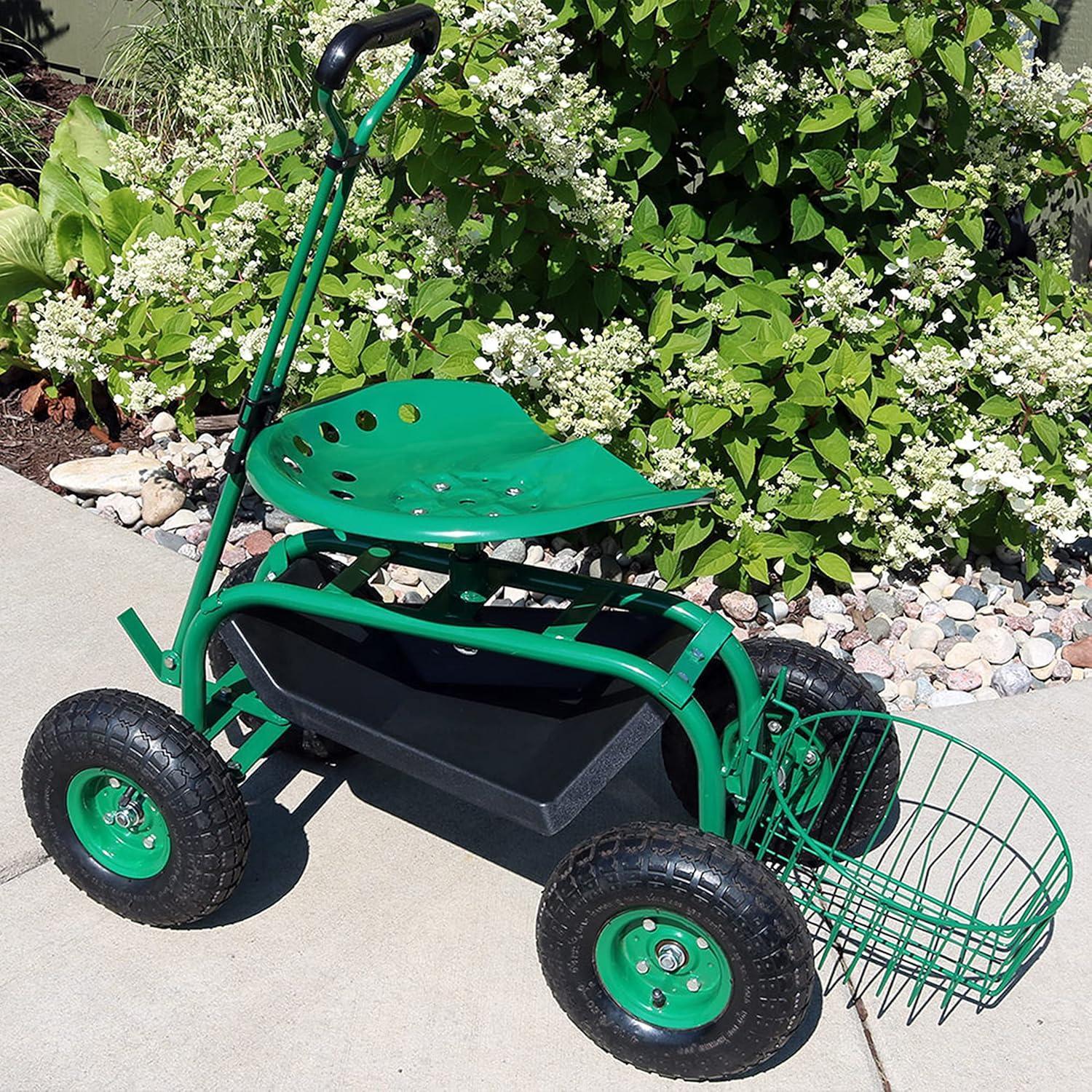 imageSunnydaze Rolling Garden Cart with Swivel Seat and Storage Rolling Garden Seat with Wheels Gardening Stool with Wheels RedGreen