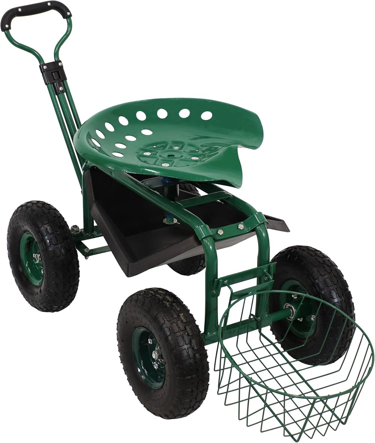 imageSunnydaze Rolling Garden Cart with Swivel Seat and Storage Rolling Garden Seat with Wheels Gardening Stool with Wheels RedGreen