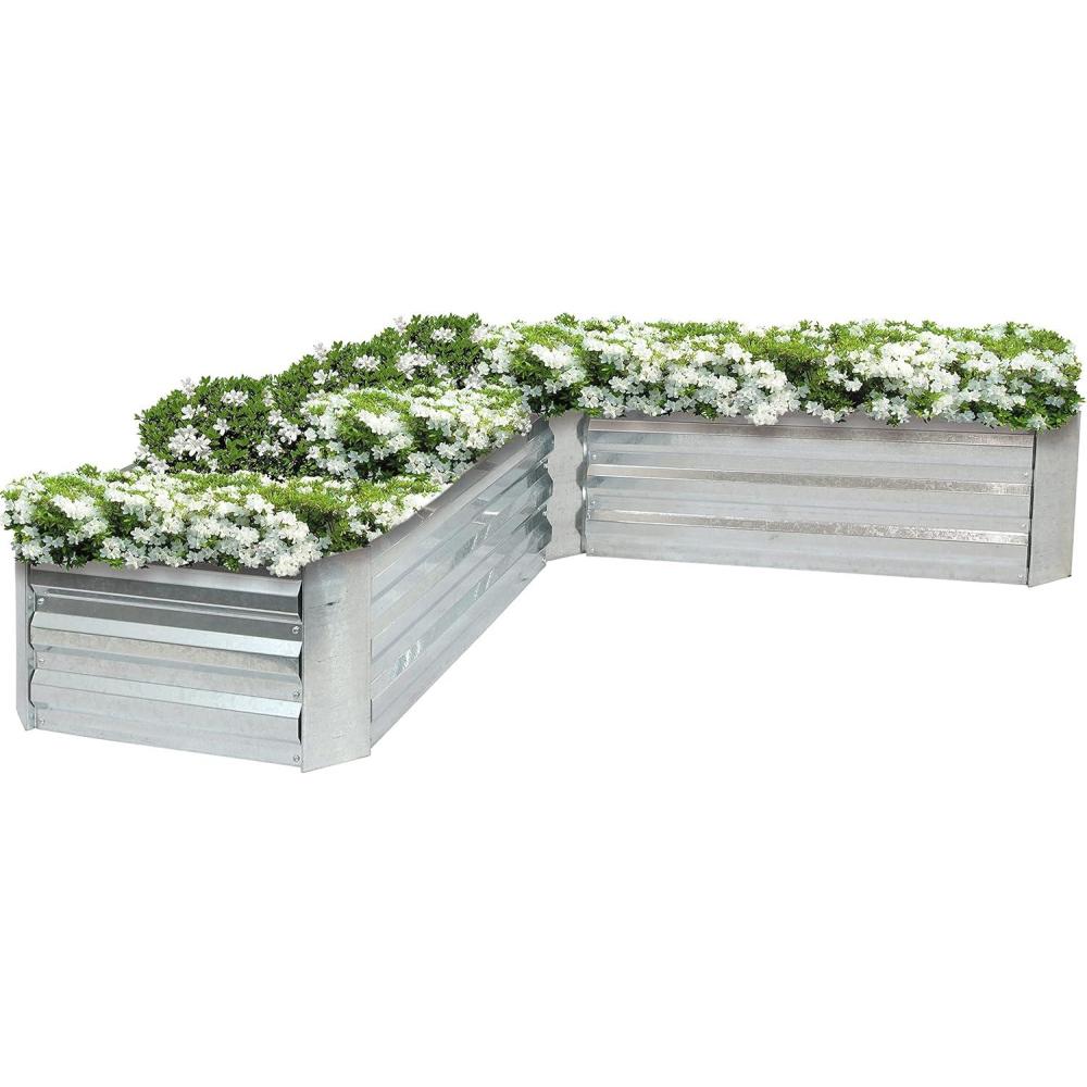 imageSunnydaze 1175quot H Raised Metal Garden Bed Galvanized Raised Garden Bed Outdoor for Vegetables and Flowers Silver LShaped
