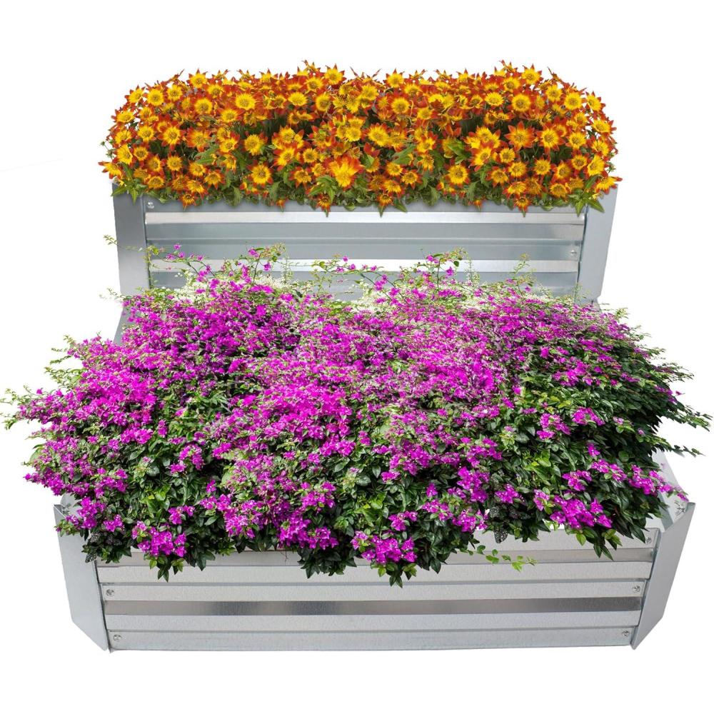 imageSunnydaze 2Tier Galvanized Steel Raised Garden Bed for Flowers Plants and Vegetables 945Gal Soil Capacity SilverSilver