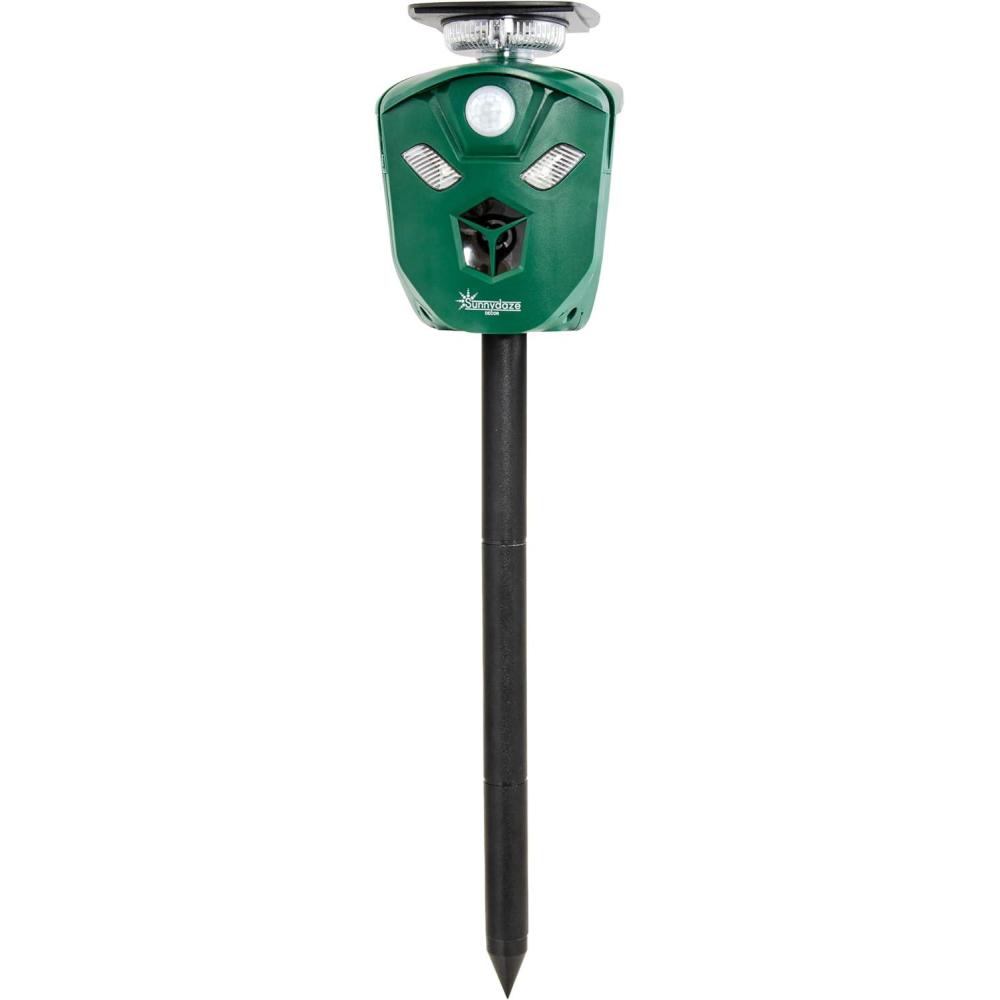 imageSunnydaze 360 SolarPowered Ultrasonic Animal Repeller with Mounting Pole Solar Power or USB 3 PIR Motion Sensors 195 Green XPT0631