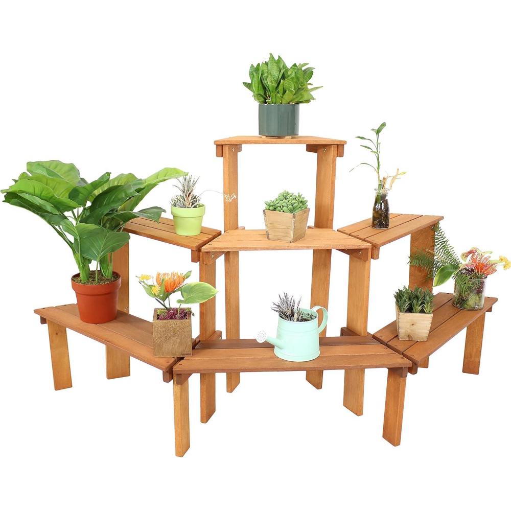 imageSunnydaze 3Tier Meranti Wood Outdoor Plant Stand with Teak Oil Finish 575 Feet Wide Indoor and Outdoor Use