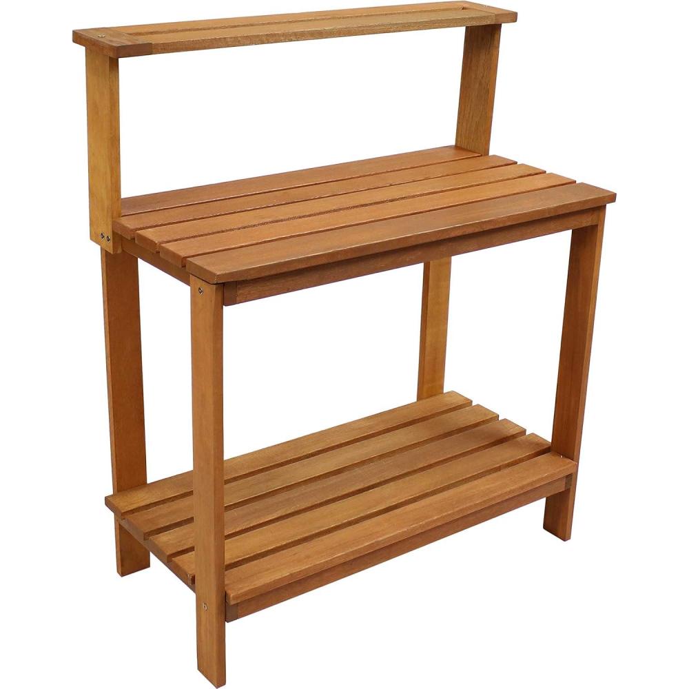 imageSunnydaze 42Inch Meranti Wood Outdoor Potting Bench with Storage Shelf  Teak Oil Finish