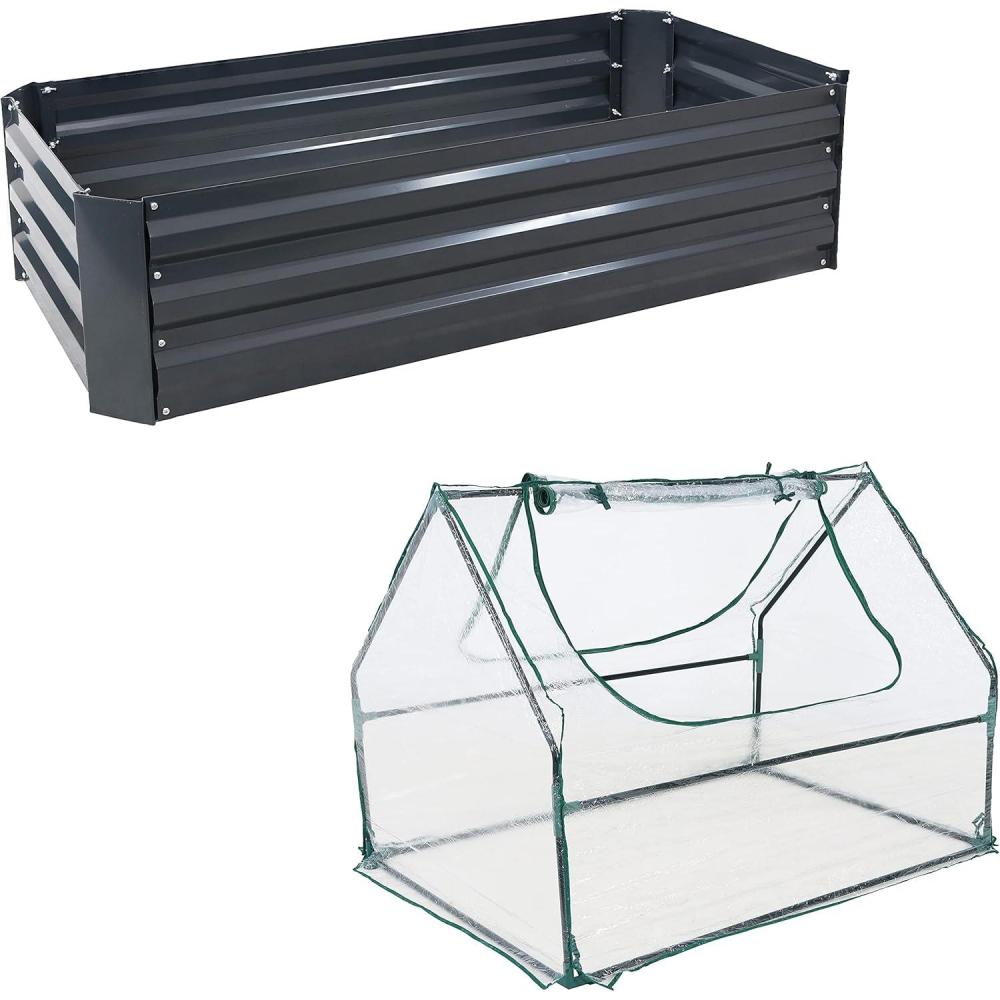 imageSunnydaze 48Inch x 1175Inch Rectangle Dark Gray Corrugated Galvanized Steel Raised Garden Bed and Clear 4 x 3 Feet Mini Greenhouse with 2 Zippered Side Doors and Steel Tube Frame with PVC Panels Bu
