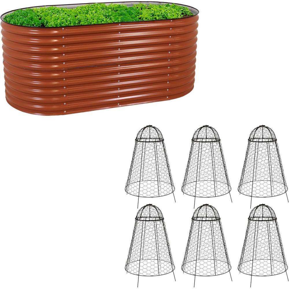 imageSunnydaze 79 Brown Stackable Oval Raised Garden Bed and 6Pack Chicken Wire Plant Protector Cage with Removable Cover