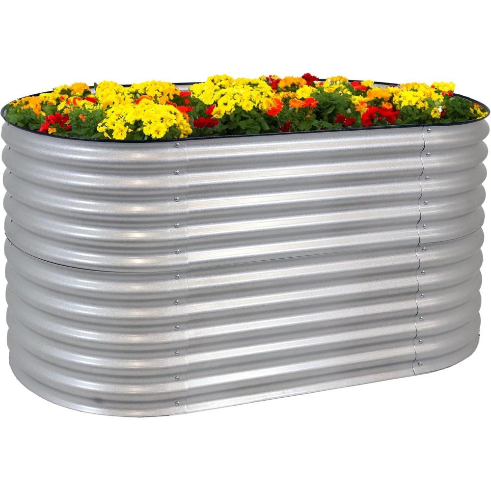 imageSunnydaze 79Inch Oval Raised Garden Bed  Stackable Steel Vegetable Flower Bed Planter Kit with Rubber Edge Trim  BrownSilver