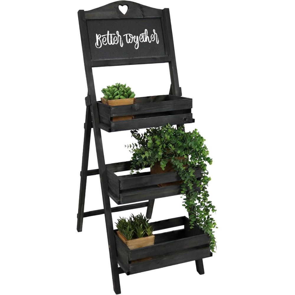 imageSunnydaze Country Heart 3Tier Wooden Plant Stand with Chalkboard Wood Ladder Shelf for Plants For Indoor or Outdoor Use 41quot H BlackBlack