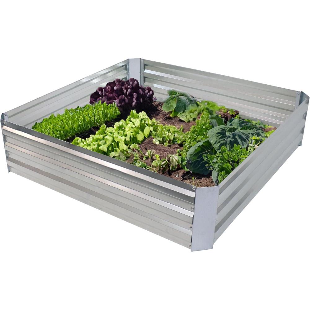 imageSunnydaze Galvanized Raised Garden Bed  Metal Raised Bed for Gardening  Outdoor Planter Box for Flowers Plants and Vegetables  Silver  12 H Square