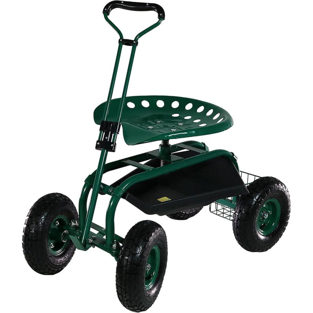 imageSunnydaze Garden Seat with Wheels Rolling Gardening Seat Garden Stool on Wheels with Adjustable Handle and Utility Tray Green