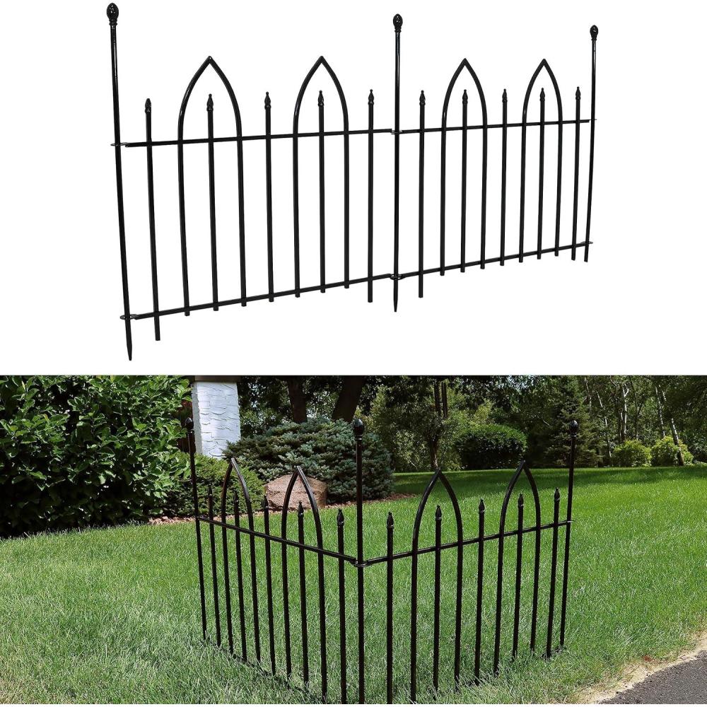 imageSunnydaze Gothic Arch 6 Set of 2 Decorative Garden Fence Panels Iron Border Fence 37quot W x 31quot H Per Panel Black