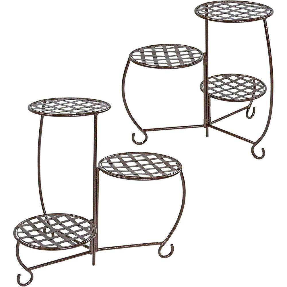 imageSunnydaze Indoor or Outdoor Plant Stand for Potted Plants 3Tier Checkered Design Set of 2 Bronze