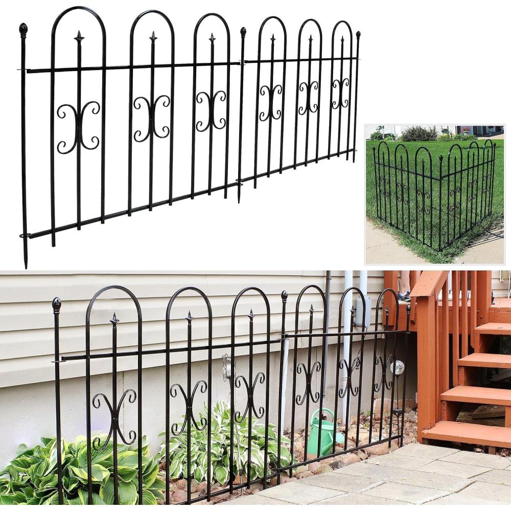 imageSunnydaze Modern Leaves and Vines 10Foot 5Piece Steel Decorative Garden Fence Panels 26quot W x 32quot H Per Panel BlackDecorative Finial 21
