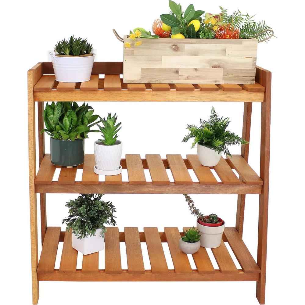 imageSunnydaze Outdoor Meranti Wood 3Tiered Garden Shelf with Teak Oil Finish