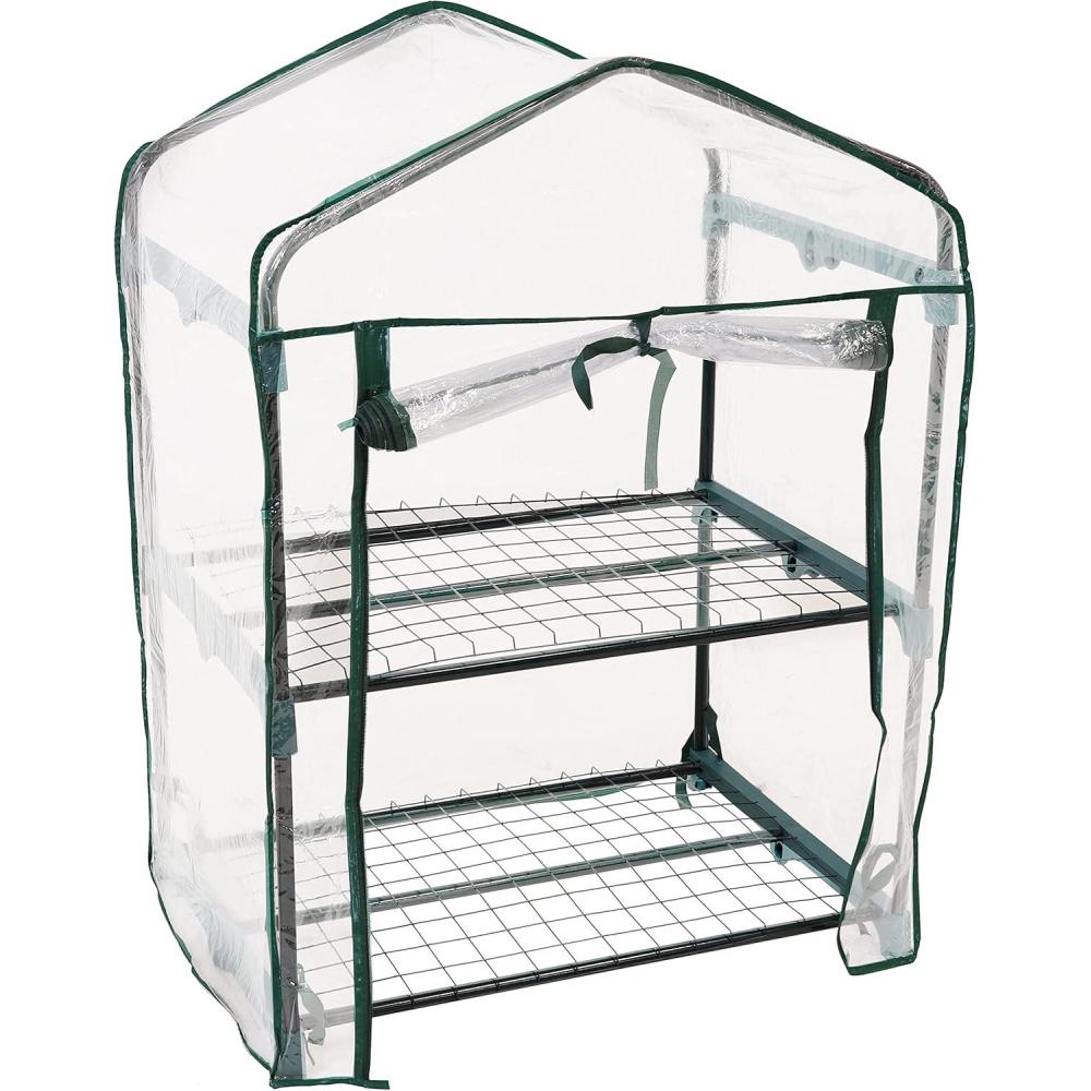 imageSunnydaze Outdoor Portable 2Tier Mini Greenhouse with Rollup Zippered Door and Steel Wire Shelves  Clear