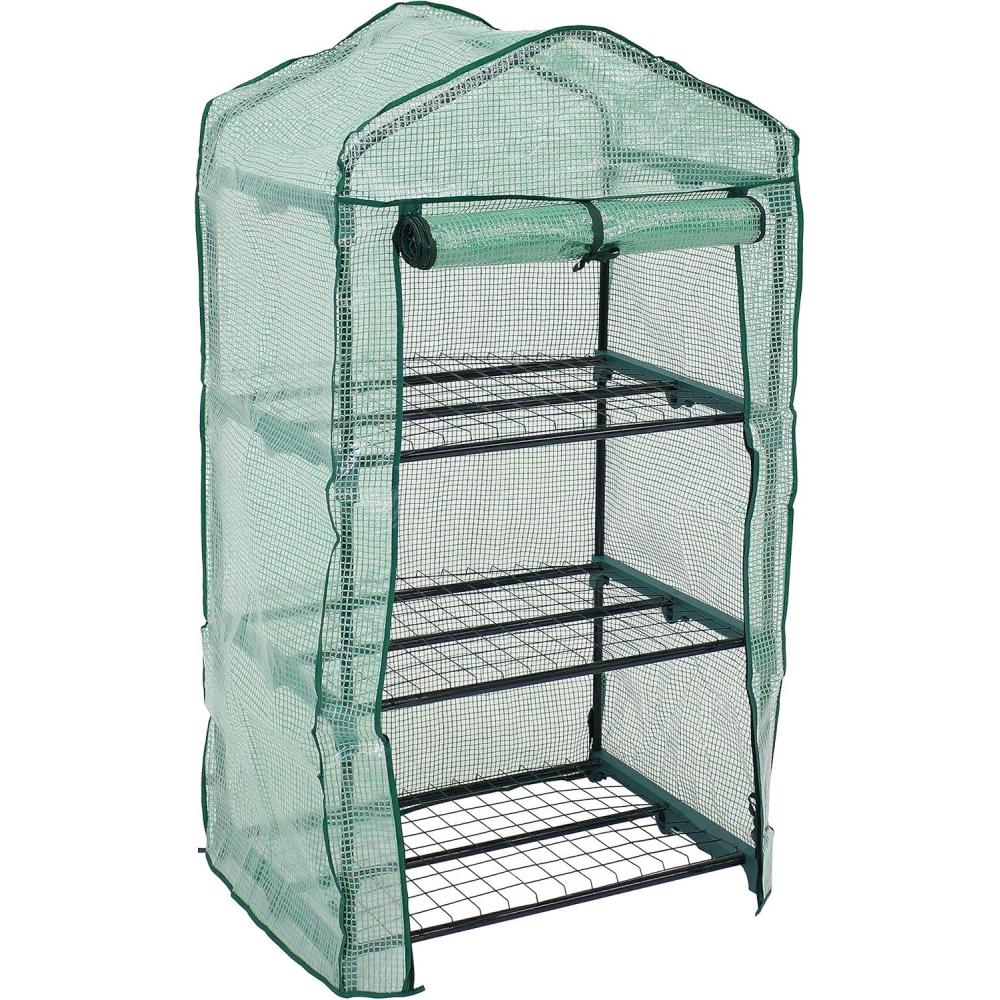 imageSunnydaze Outdoor Portable 3Tier Mini Greenhouse with Rollup Zippered Door and Steel Wire Shelves Green